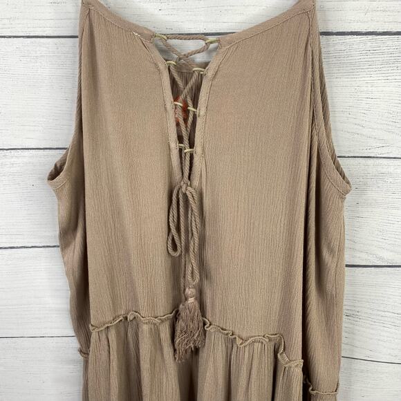 Kori America Womens Aztec Tribal Boho Tiered Embroidered Mini Dress Tan size M - Picture 7 of 10